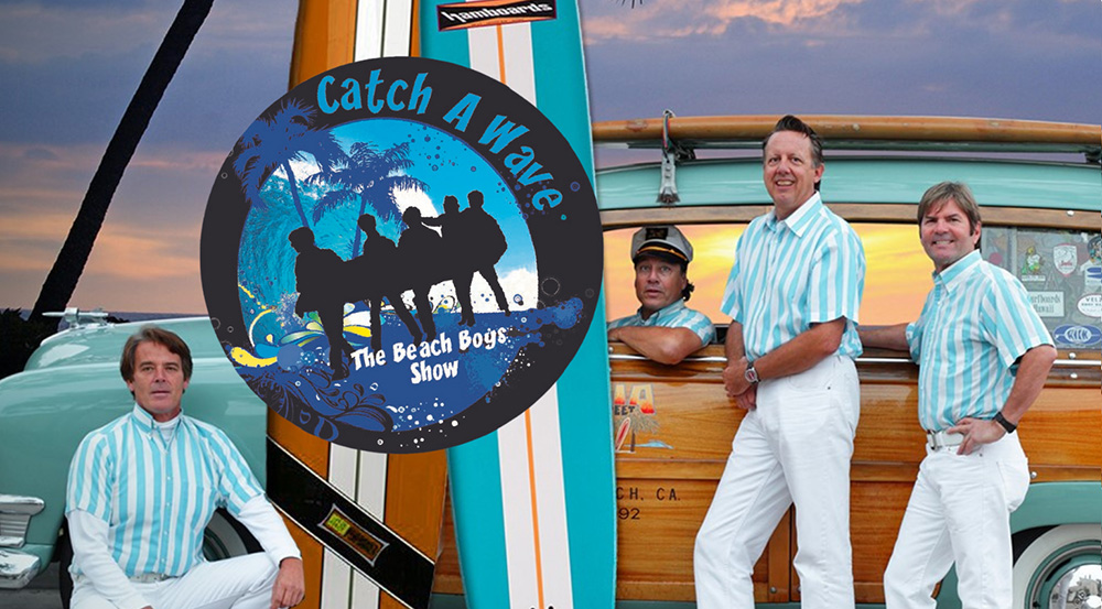 Summer Concert Series - photo of "Catch a Wave" - a Beach Boys Tribute band posed in front of a vintage wood paneled station wagon and a surfboard on the beach .